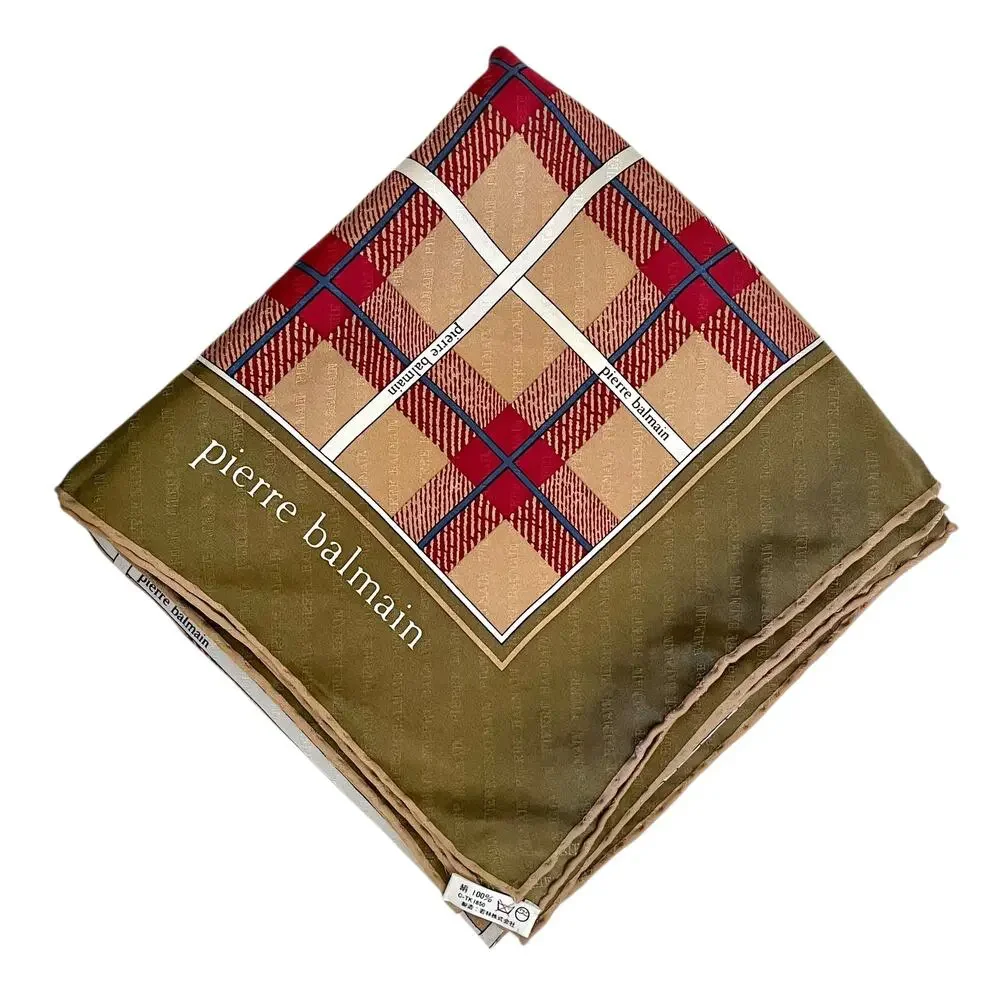 Vintage Pierre Balmain Jacquard Silk Tartan Plaid Print Square Scarf 31